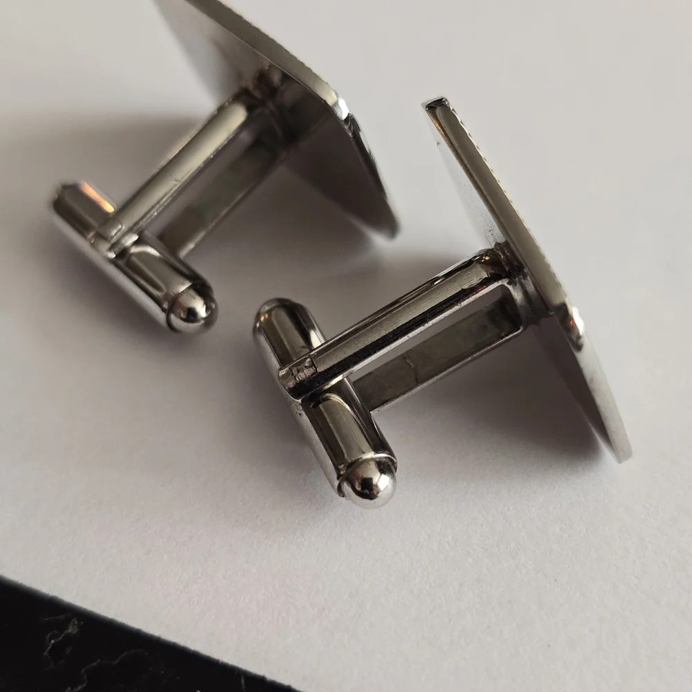Vintage set cuff links tie clip silver tone geometric rhombus parallelogram